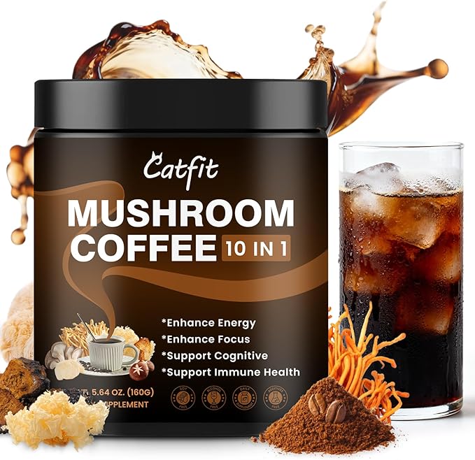 Catfit Instant Mushroom Coffee Powder, 10-in-1 Adaptogen Blend with Lion's Mane, Chaga & Cordyceps for Energy, Focus, Gut Health & Immune Support -50 Servings