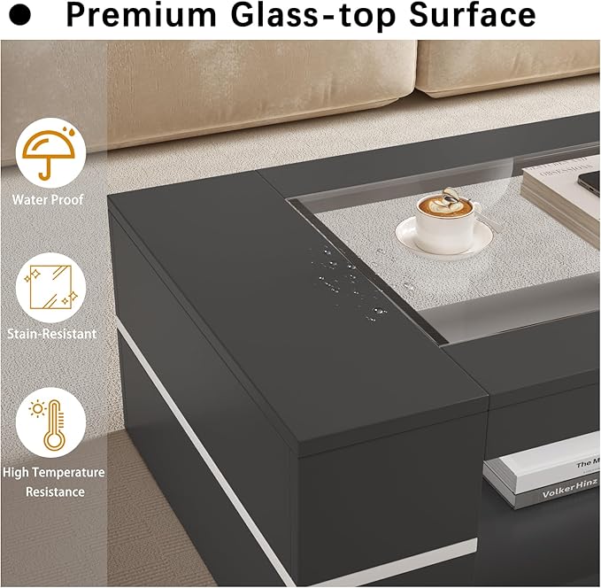 HedoAjim 47.2" Modern Stylish Coffee Table with Glass Table Top, Large Living Room Table Rectangular 2-Tier Center Tables with Storage, Wooden Cocktail Tea Tables for Dining Reception Room, Black
