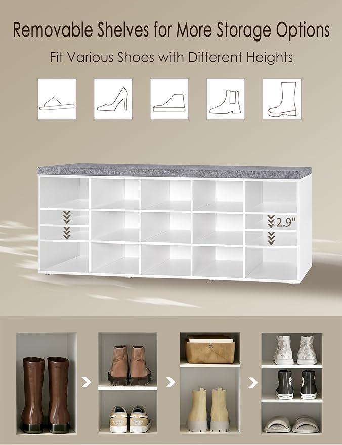 DINZI LVJ Shoe Storage Bench with Cushion, 15-Cubby Shoe Rack, Adjustable Shelves, Long Shoe Organizer Bench for Entryway, Mudroom, Hallway, Living Room, Bedroom and Garage, White