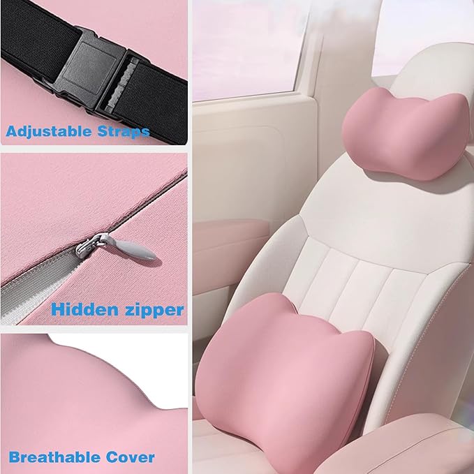 Lumbar Support Pillow for Car/Office Chair, Memory Foam Back Cushion, Fits Most Cars, Trucks, with Adjustable Strap and Washable Cover, Beige