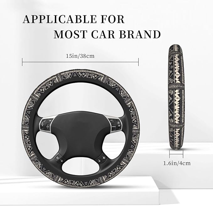 Black and White Mud Cloth Universal Fit Steering Wheel Cover for Car, Truck, and SUV, Durable Steering Wheel Protection