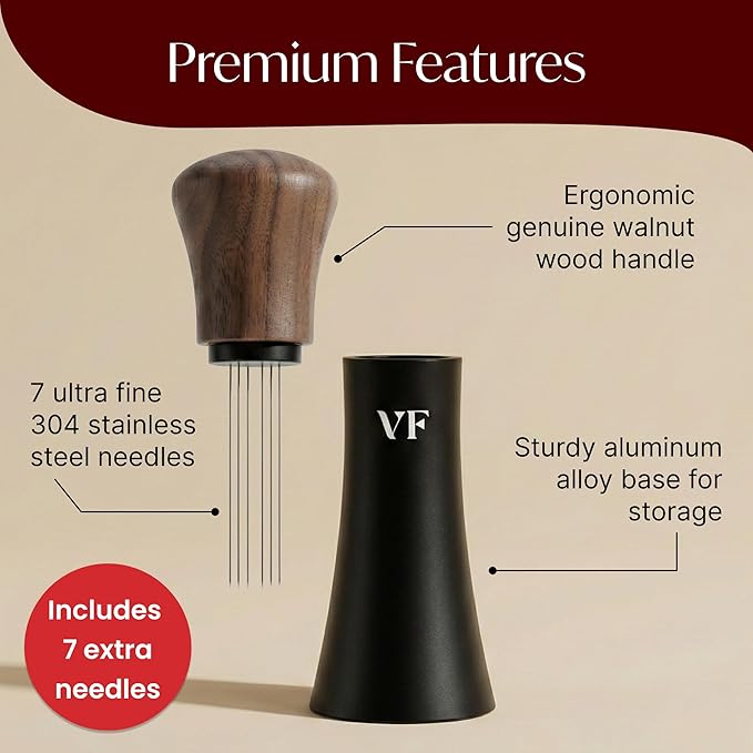 WDT Espresso Distribution Tool – Coffee Distributor with Walnut Wood Handle – With 7 x 0.35mm 304 Stainless Steel Needles + 7 Extra Needles – For Even Espresso Extraction & Crema – Black & Walnut