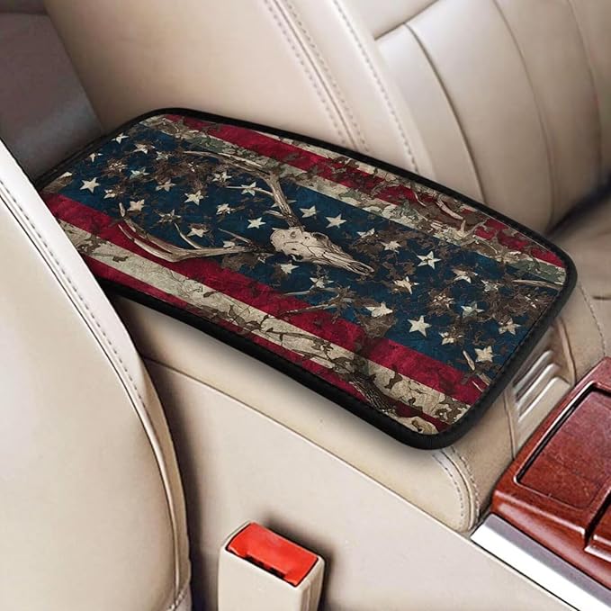 American Flag Print Center Console Cover Vintage Elk Star Stripe Middle Arm Rest Cushion Pad Armrest Seat Box Lid Protective Covers Car Center Console Pads