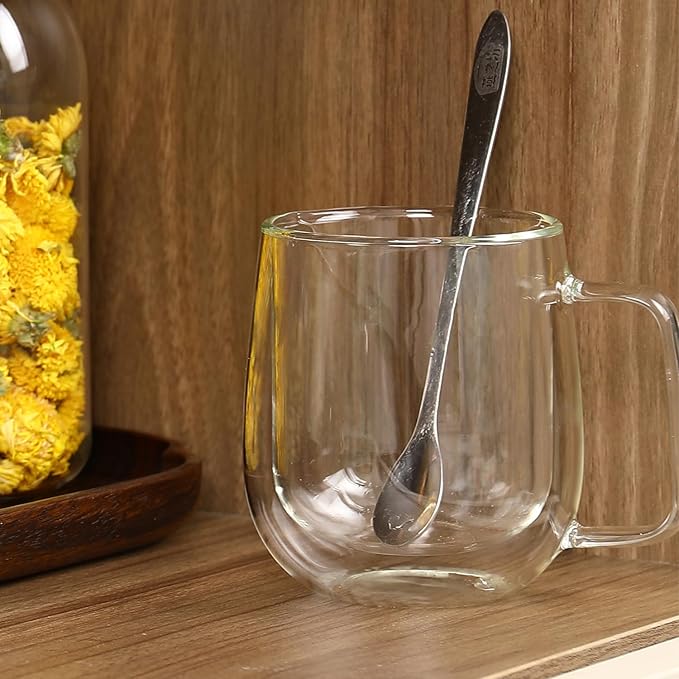 Double Wall Glass Coffee Mugs with handle - 8.45 oz Insulated Clear Coffee Mugs Set of 2, Perfect for Espresso, Cappuccino, Latte, Americano, Tea Bag, Beverage (250ml/8.45,set of 2)