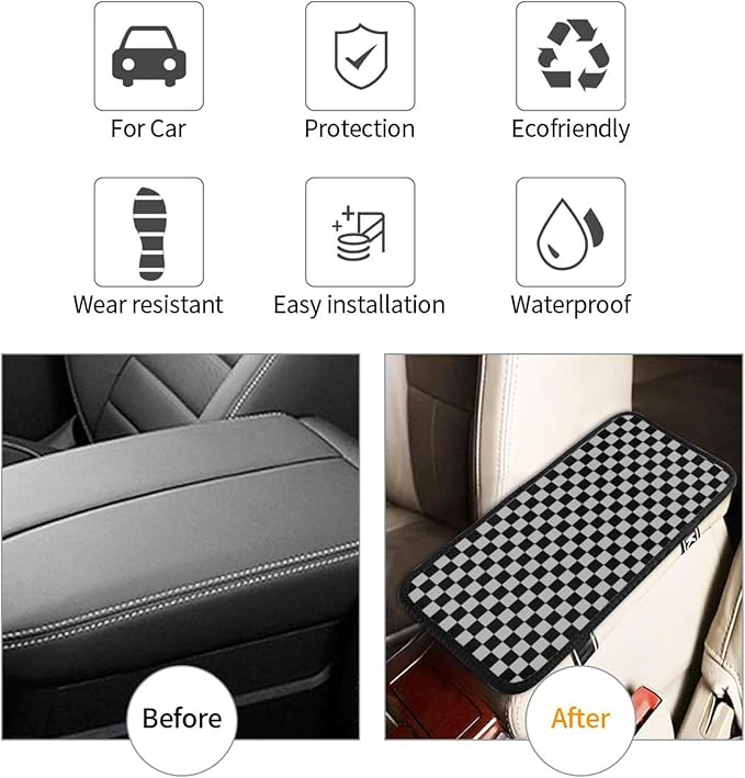 Gray Black Checkered Chessboard Flag Car Armrest Pad Cute Cars Center Console Cover Auto Handrail Box Cushion Armrests Cover