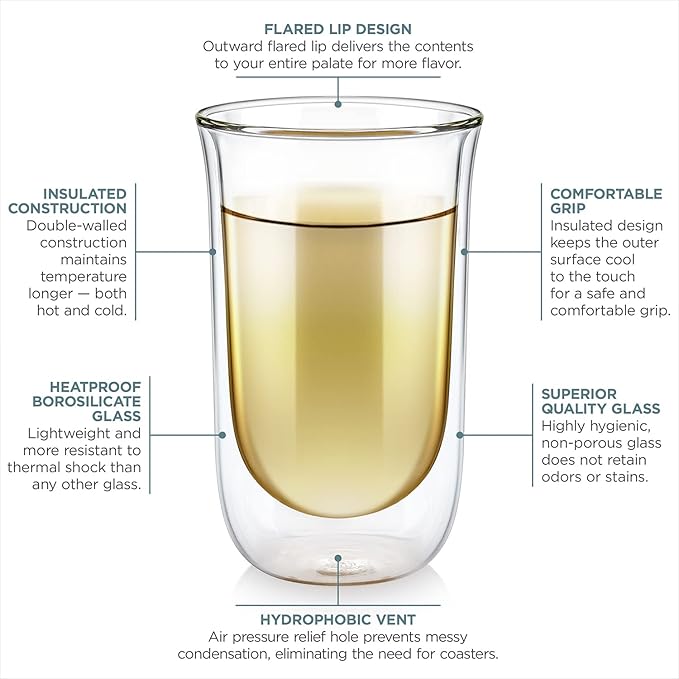 Teabloom Tulip Insulated Glasses for Tea, Coffee and other Beverages - Double Walled Borosilicate Glass Keeps Drinks Hot/Cold, 12 oz (Set of Two)