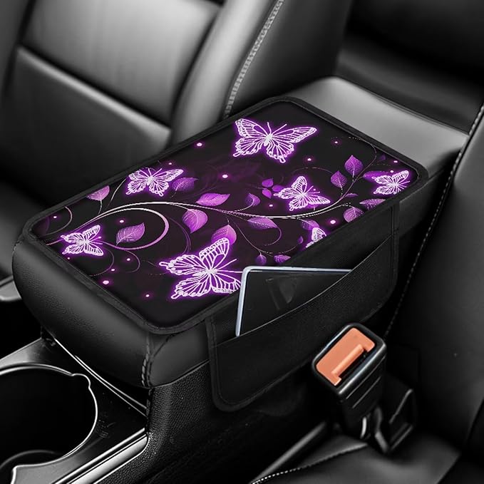 Dreaweet Purple Butterfly Car Armrest Cover for Women Center Console Cover with Storage Pockets Comfortable Car Arm Rest Cover Pad Non Slip Console Covers for Car SUV Trucks