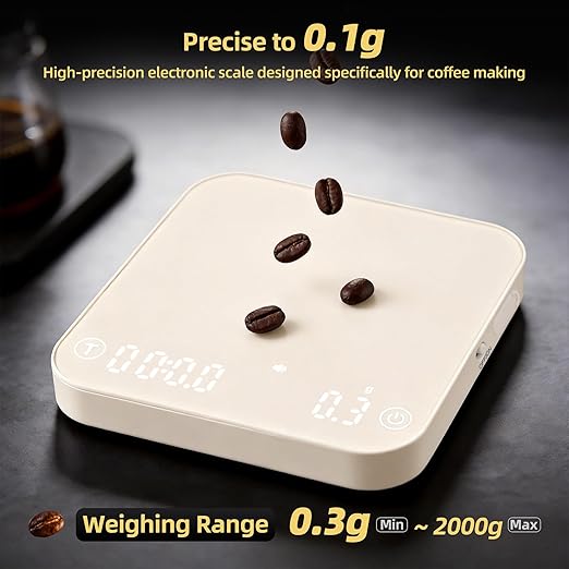 ShanSon Mini Coffee Scale with Timer,0.1g High Precision Espresso Scale,2kg/0.1g Digital Kitchen Scale with Flow Rate,USB-C Rechargeable,Waterproof Surface,Auto Timer for Pour Over & Espresso,Beige