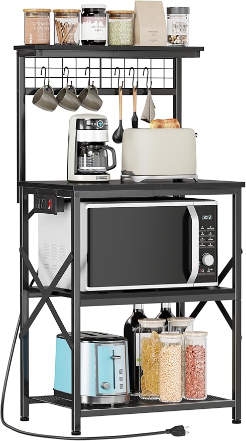 Furologee Kitchen Bakers Rack with Power Outlet, Microwave Oven Stand with Storage 4 Tiers, Coffee Bar Table with 6 S Hooks, Kitchen Storage Shelf Rack for Spices, Pots,Black