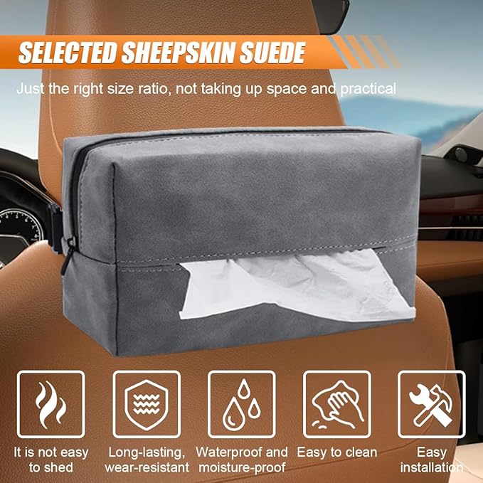 Car Tissue Holder, Rectangular Tissues Box Cover, Back Seat Tissue Dispenser for Tissues, Car Napkin Holder with Elastic Band, Fits for Storage & Organizer (Grey)