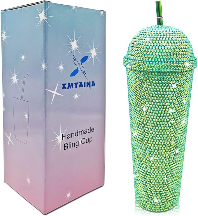24oz Bling Cup Handmade Rhinestones Studded Tumbler Double Wall Insulated Plastic Reusable Water Bottle with Lid and Straws for Home Office Party Beach(Light Green)