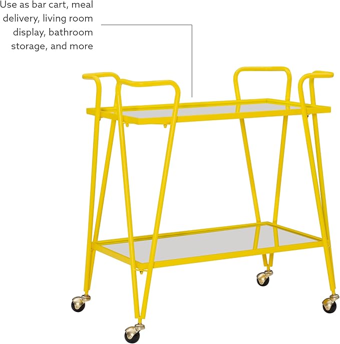 Gina Yellow Mid Century Bar Cart with Mirrored Shelves by Linon