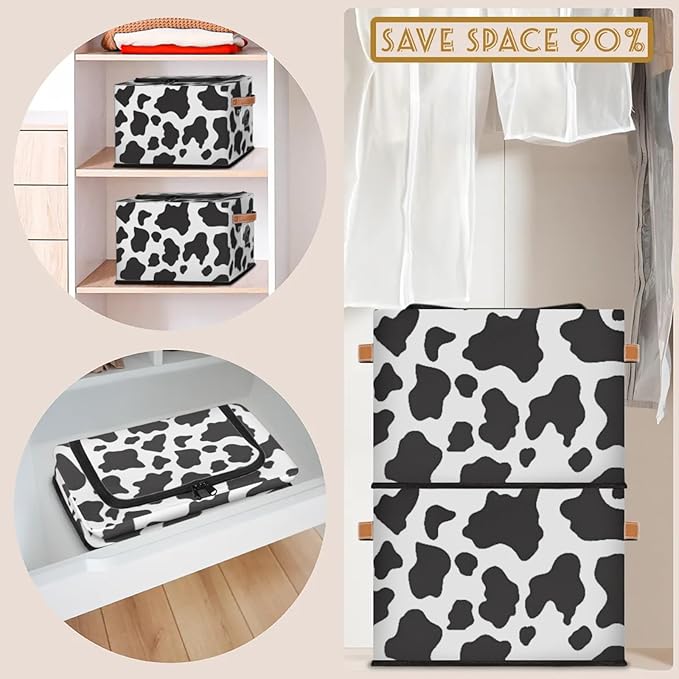 Cow Print Pattern Storage Bins With Zipper Lid, Collapsible Trunk Organizer, Car Organizers and Storage Bins with Lids, Decorative Storage Boxes with Handle, Home Storage Baskets for Organizing