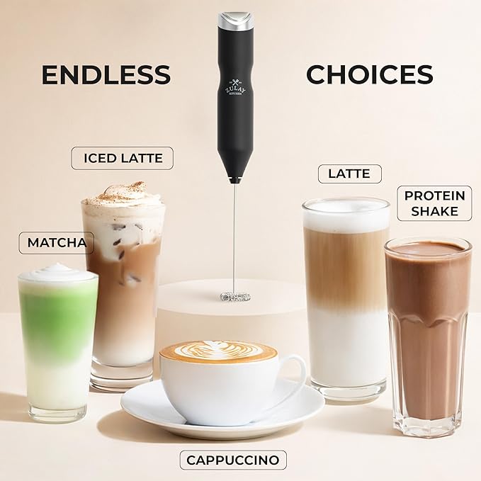 Zulay Kitchen Powerful Frother Wand AA Batteries Included, Ultra Fast Handheld Drink Mixer, Comfort Milk Frother, Stainless Steel Whisker, Frother Handheld for Coffee, Protein & Matcha - Frothmate 2.0