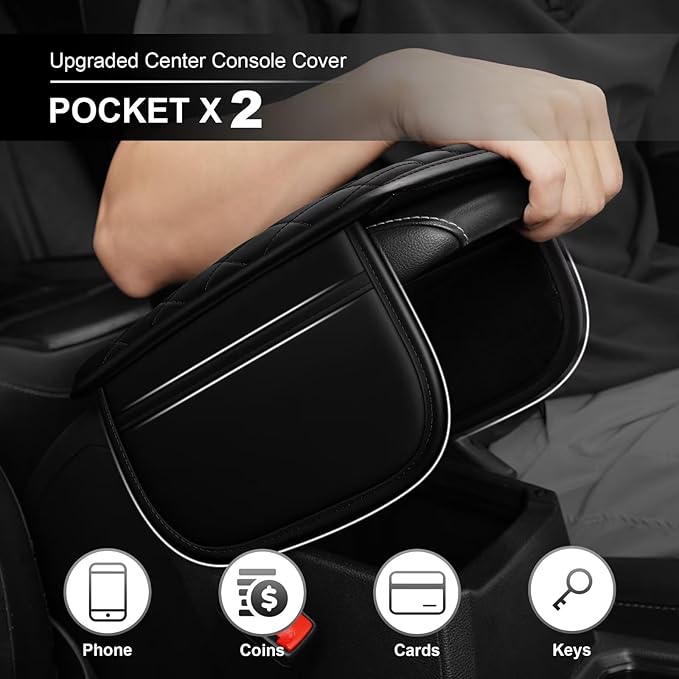 Upgraded Car Center Console Cover Fit for 4Runner Faux Leather Car Armrest Cover Cushion with 2 Storage Bags,Car Armrest Storage Box Interior Accessories(Black)