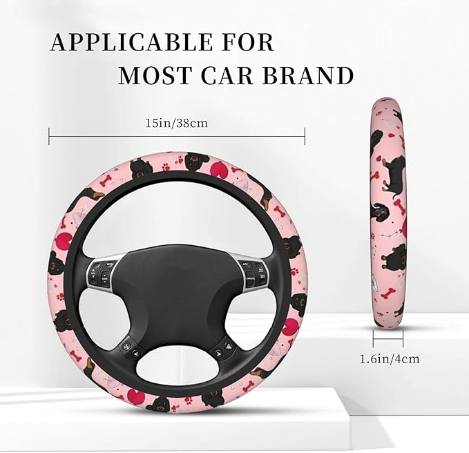 Car Steering Wheel Cover with Anti-Slip Lining, Universal 15 inch Wheel Cover, Fashion Car Interior Accessories for Women Men - Cute Pink Dachshund