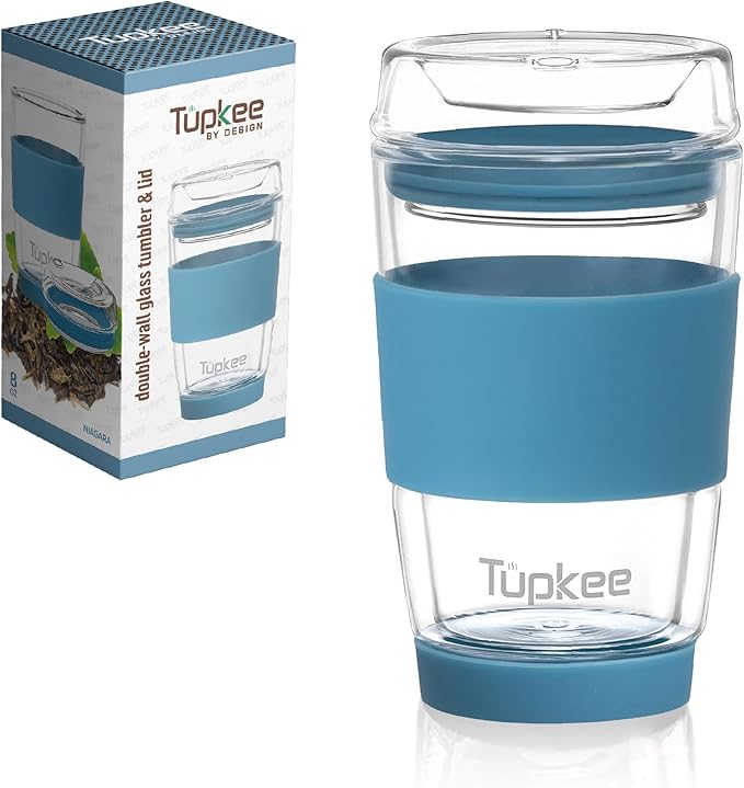 Tupkee Double Wall All Glass Tumbler - 8-Ounce, Reusable Insulated Tea/Coffee Mug & Lid, Hand Blown Glass Travel Mug - Niagara - 2 Pack