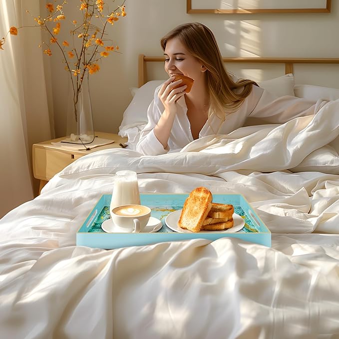 MAONAME Turquoise Serving Tray with Handles, Plastic Decorative Tray for Coffee Table, Marbling Rectangular Tray for Bathroom, Ottoman, Storage, 15.7" Lx 10.2" W X 1.57" H