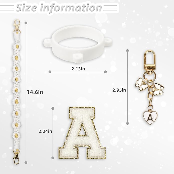 Compatible with Owala Water Bottle Accessories, Cute Letter Charm Set with Boho Handle Strap, Monogram Sticker, Silicone Ring, Keychain Decoration, for FreeSip 24 32 40oz, Owala Kids, Tumbler Gift