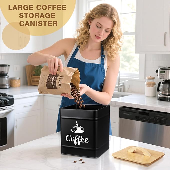 Maxdot 40 oz Black Airtight Coffee Canister Large Iron Farmhouse Container with Wooden Bamboo Lid Tea Storage Kitchen Countertop Container for Coffee Grounds Beans Pods
