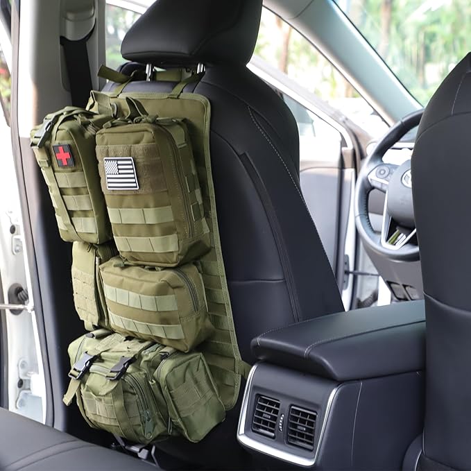 Tactical Car Seat Back Organizer Hanger Bag with 5 Detachable Molle Pouch Vehicle Molle Panel Organizer Storage Bag Universal for for most car models (Military Green)