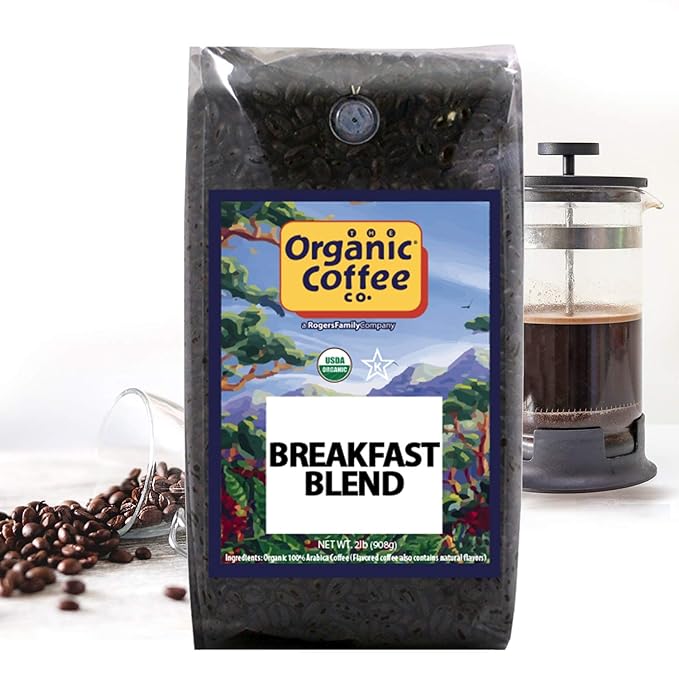 Organic Coffee Co. Breakfast Blend Whole Bean Coffee 2LB (32 Ounce) Medium Light Roast USDA Organic