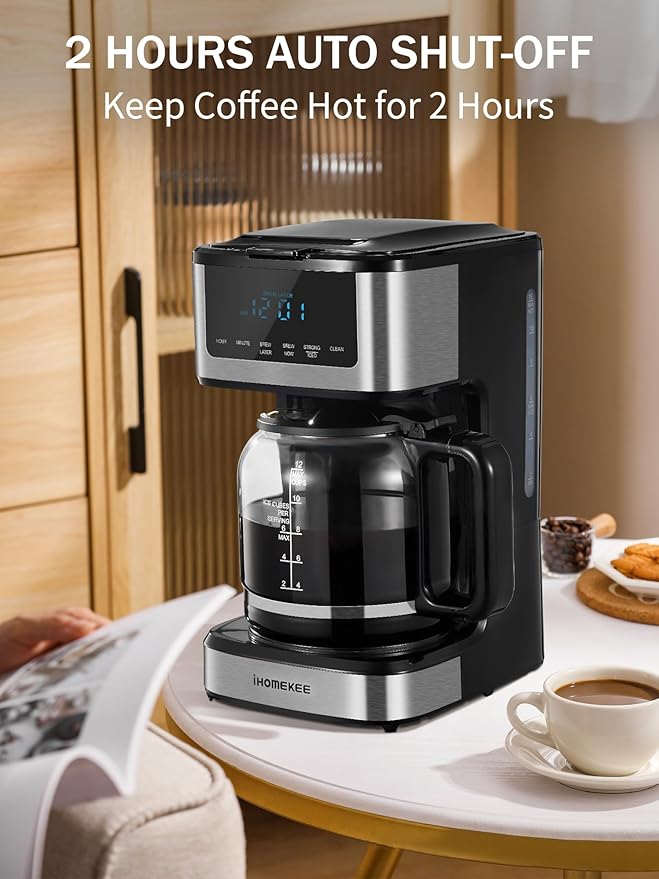 Coffee Maker, Programmable Drip Coffee Maker 12 Cup, Regular & Strong Brew Drip Coffee Machine with Iced Coffee Function for Home and Office, Black & Stainless Steel