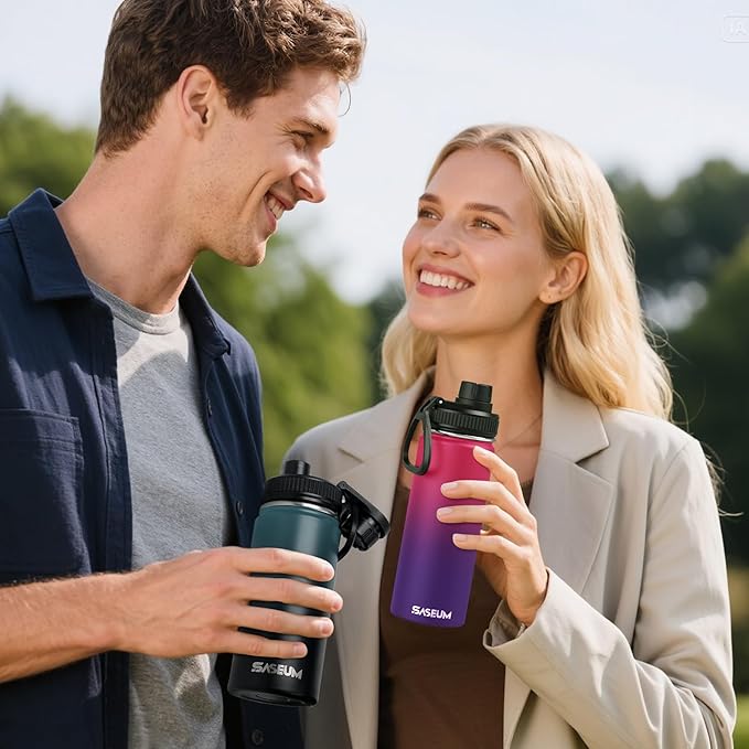 SASEUM Insulated Stainless Steel Water Bottles 32oz with Spout Lids Metal Vacuum Thermal Large Water Jug Leak-proof Reusable Flask for Sports Gym and Travel,Red-Purple