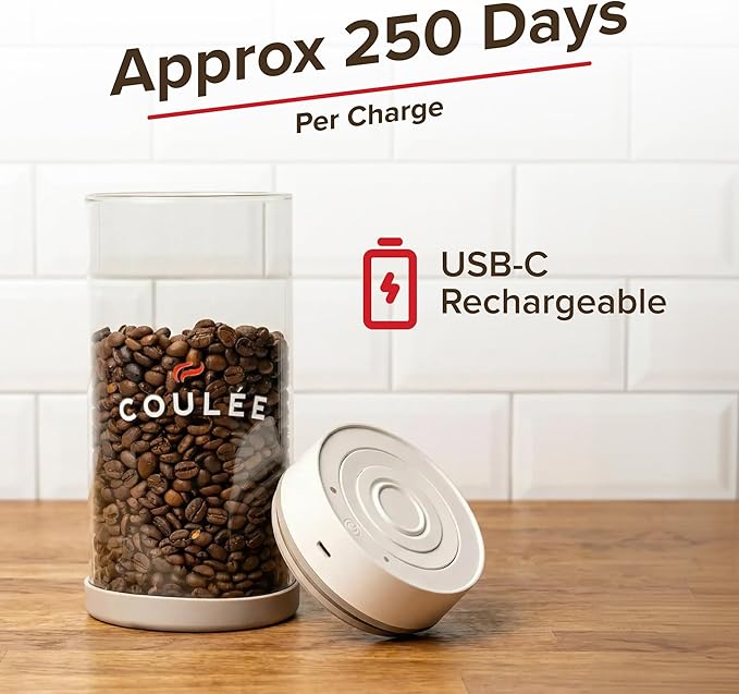 Coffee Rechargeable Vacuum Glass Canister, Kitchen Appliances, Store Coffee, Tea, or Pantry Items, Home Essentials, Kitchen Food Organizer, Food Container, USB Charger, 1.35L Capacity