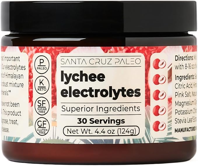 Santa Cruz Paleo Electrolyte Powder, Lychee Flavor, Sugar Free Hydration Drink Mix with Himalayan Pink Salt, Sea Salt, Magnesium Glycinate, Potassium Chloride, Sweetened with Stevia, 30 Servings