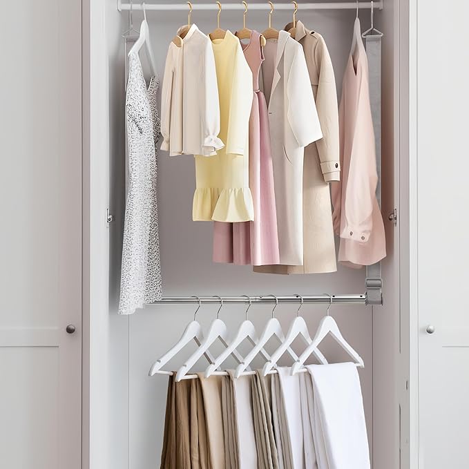 Hanging Closet Rod, 17-28In Width and Up to 32In Height Closet Extender, Double Hanging Bar with Powder-Coated Metal Pole and Adjustable Webbing, Space-Saving Tension Organizer, 1 Pack
