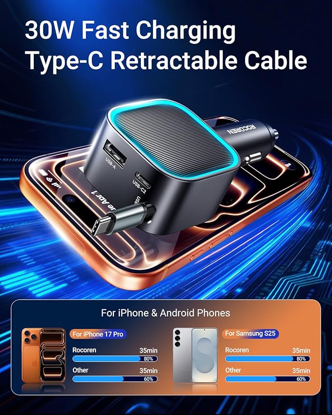 Retractable Car Charger USB-C,Rocoren 57W Type C Fast Car Charging [Ultra-Compact Mini] with Cord Cigarette Lighter Adapter Car Accessories for iPhone 17 16 15 Samsung S25 Ultra Pixel Android