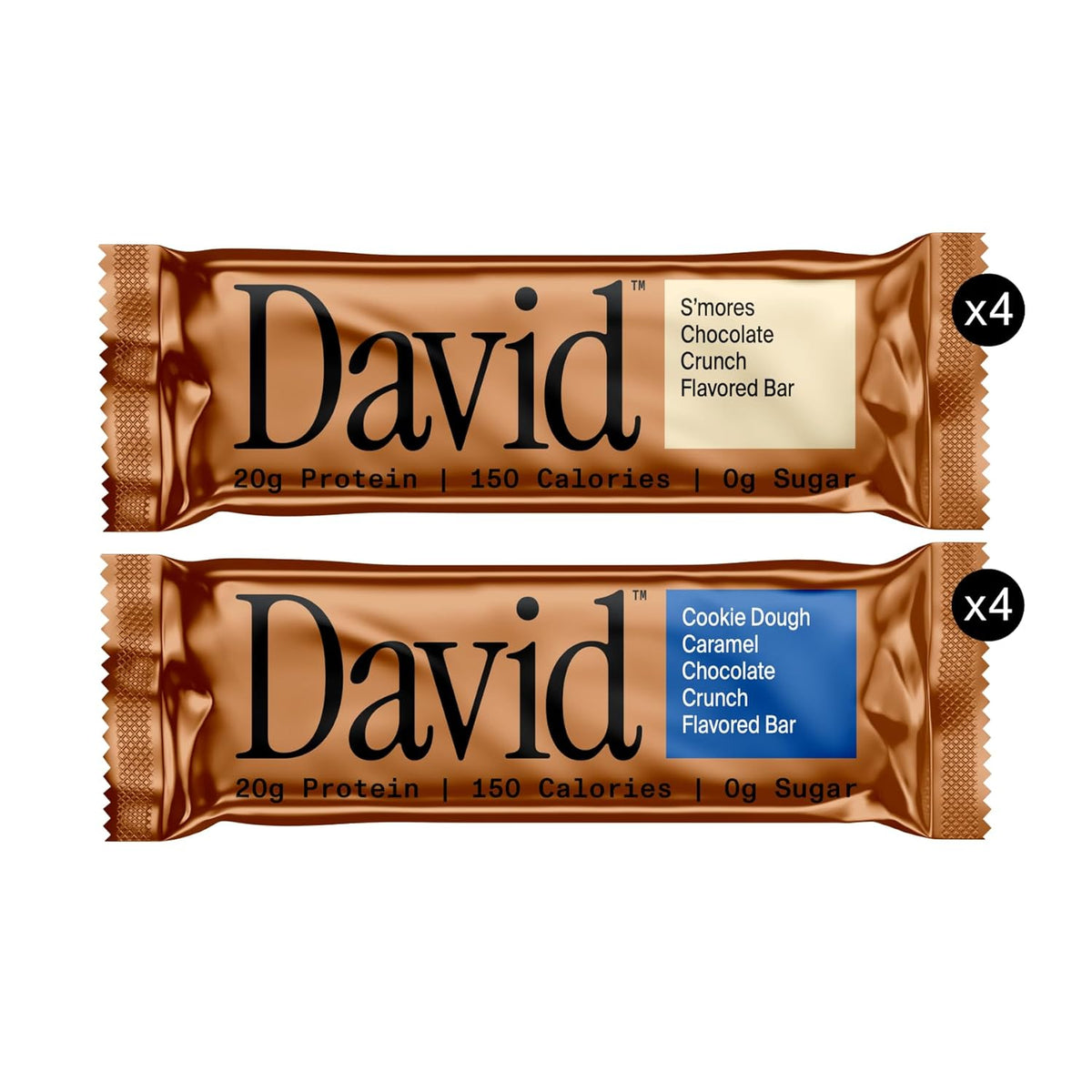 David Bronze High Protein Bars - Cookie Dough Caramel Chocolate Crunch & S'mores Chocolate Crunch Flavored Bar - 0g of Sugar, Low Carb, Gluten Free - 20g of Protein, 150 Calories - On-The-Go Snack, Pack of 8