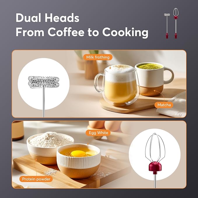 MF02 Rechargeable Milk Frother Handheld Foam Maker with Stainless Whisk for Cappuccino, Latte, Bulletproof Coffee, Keto Diet, Protein Powder, Matcha (Viva Red)