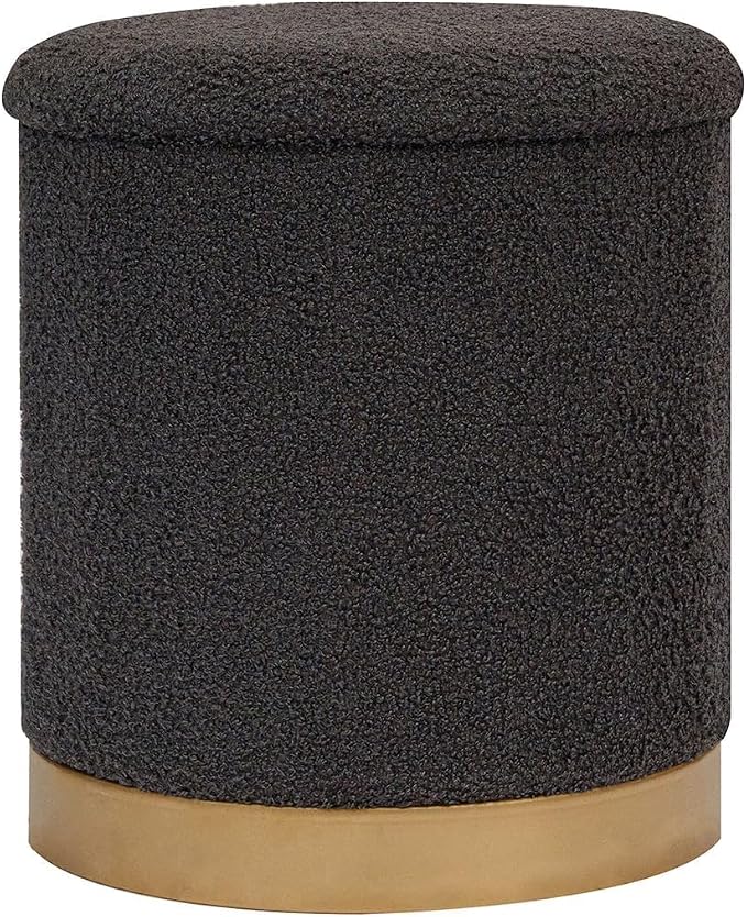B FSOBEIIALEO Ottoman with Stroage, Round Boucle Storage Ottoman with Gold Plating Base,Foot Rest Stool for Dorm Room, Living Room Dark Grey, 14.76"x14.76"x16.34"