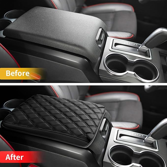 GIANT PANDA Custom Fit Truck Center Console Cover for Ford F150 2009 2010 2011 2012 2013 2014,Leather Console Cover Armrest Cover Protector, Full Protection - Black