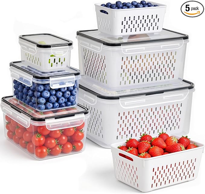 5 PCS Fruit Storage Containers for Fridge, Leakproof Produce Containers for Fridge with Removable Colander, Microwave/Dishwasher Safe Fruit Washing Bowl Keep Fruits, Vegetables, Berry Fresh longer