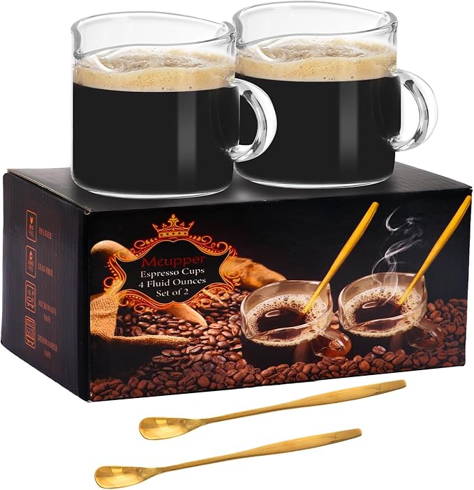 2 Pack Espresso Cups 4 OZ, Double Spouts Cups with Handle and 2 Stainless Steel Spoons, Espresso Shot Glasses, Milk Cup, Clear Glass for Espresso Machine