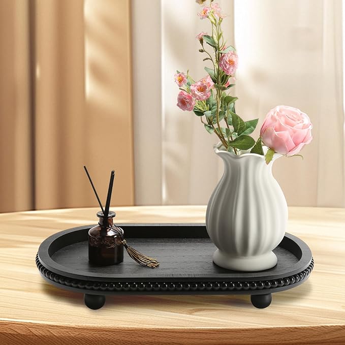 Wooden Decorative Tray for Home Decor, Beaded Black Oval Tray Decor for Coffee Table, Rustic Wood Serving Trays Farmhouse Centerpieces for Living Room Kitchen Counter (Black Oval)