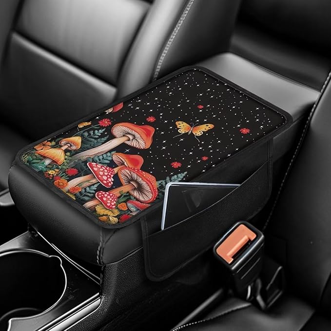 Dreaweet Mushroom Car Accessories Armrest Cover for Truck SUV Van,Black Center Console Covers with Pockets,Soft Comfy Arm Rest Cover Pad Universal Fit