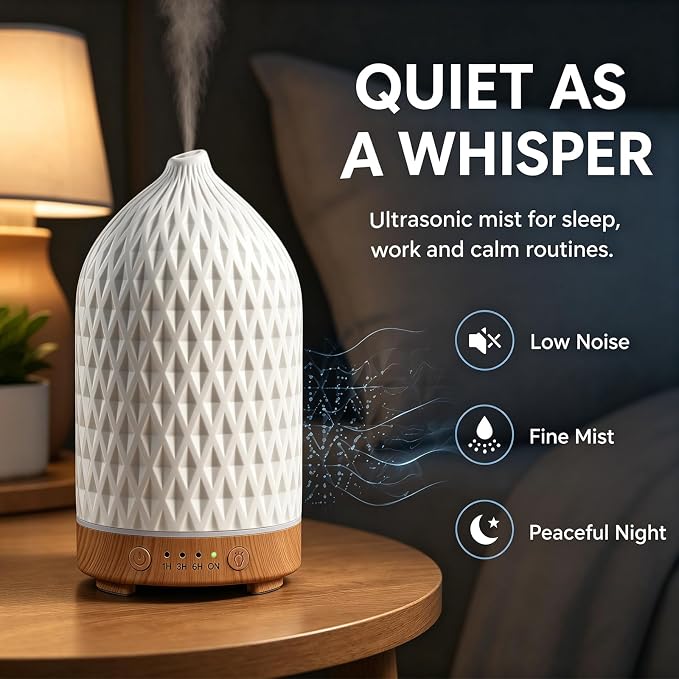 Gooamp 200ML Ceramic Essential Oil Diffuser - Ultrasonic Aromatherapy & Humidifier with 7-Color LED Lights, Auto Shut-Off, Rhombus, 1H/3H/6H Timer | Scent for Home,Office,Yoga