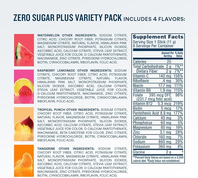 DripDrop Zero Sugar Plus - Sugar Free Hydration Packets - Single Serve Electrolytes Powder Drink Mix - Raspberry Lemonade, Watermelon, Tangerine, Tropical Punch - Non-GMO, Gluten Free, Vegan- 8 Sticks