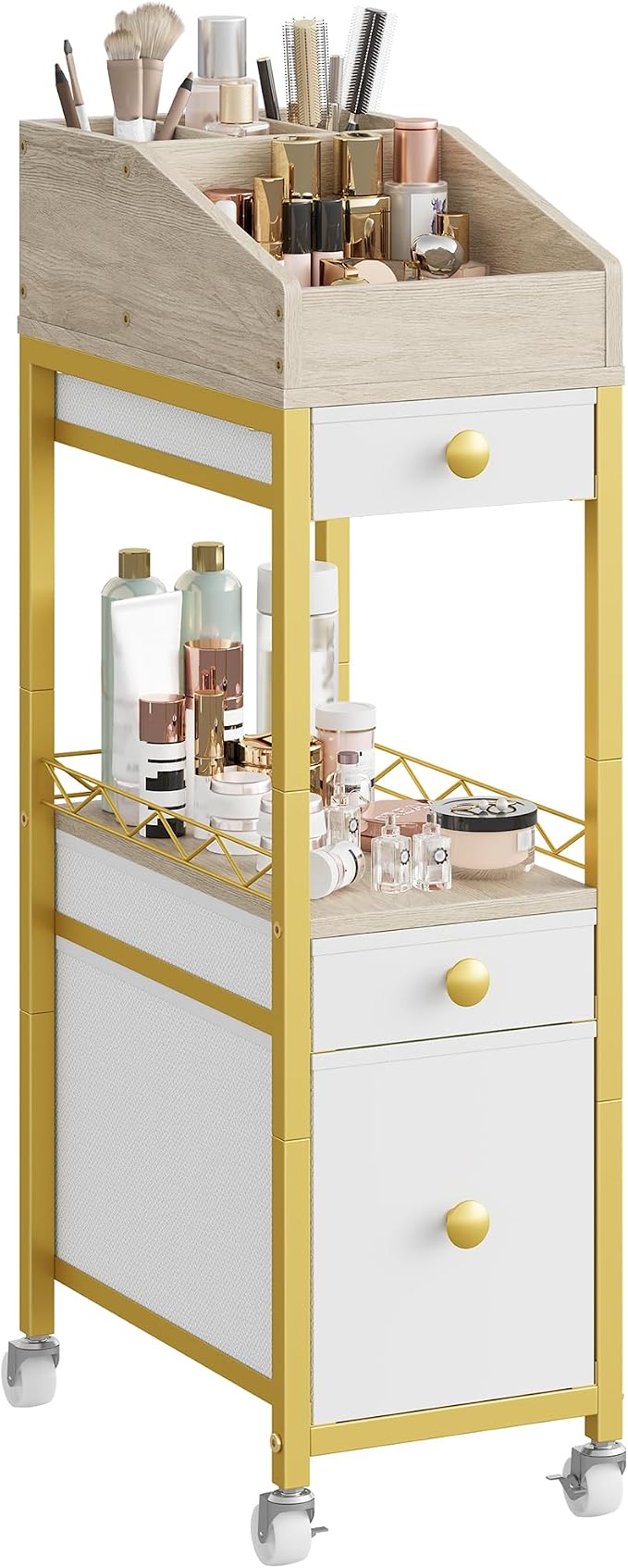CHOEZON Makeup Organizer Storage Cart with Drawers, Floor-Standing Makeup and Skincare Organizer with Wheels, Bathroom Vanity Make Up Organizers for Brush, Hair Tool, White, Gold, and Natural TCJ90JW