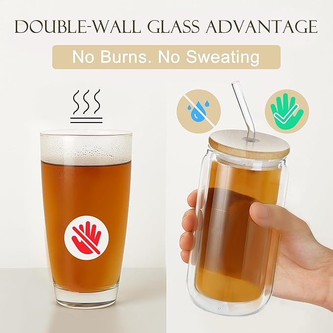 LIBWYS 12oz Double Wall Drinking Glass Cup with Bamboo Lid and Straw, 1 Pc Set – Condensation Resistant Insulated Glass Can Tumbler for Cold Drinks, Iced Coffee, Tea, Juice, Cleaning Brush