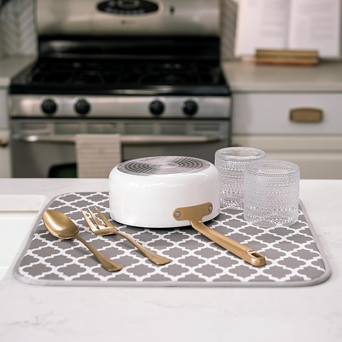 S&T INC. Dish Drying Mat, 16” x 18”, Absorbent Microfiber Kitchen Counter Mat, Dish Drying Pad for Dishes, Utensils, Pots and Pans, Large, White Trellis