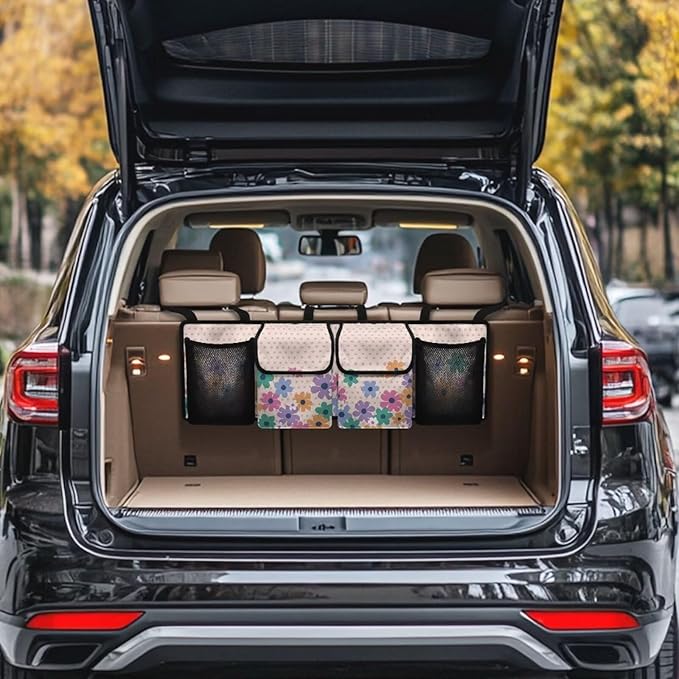 Floral Car Trunk Organizer and Storage with Adjustable Straps, Backseat Hanging Organizer for SUV, Truck, MPV, Waterproof Cargo Storage Bag Car Interior Accessories for Women and Men