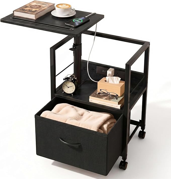 Faesun Swivel Lift Top Nightstand with Charging Station, Rolling Side Table for Recliner, Bedside Table with Wheels & a Fabric Drawer, for Small Spaces, for Bedroom, Living Room, Black