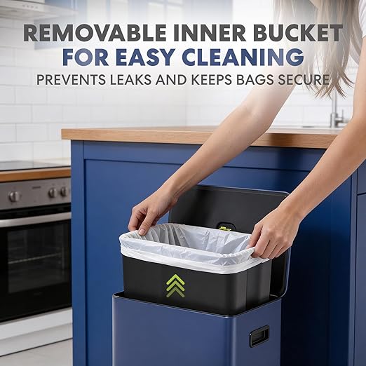 Simpli-Magic Infinity Edge 60 Liter / 16 Gallon Rectangular Hands-Free Extra Large Kitchen Step Trash Can, Soft-Close Single Lid Recycling Bin, Stainless Steel, Blue, 79683