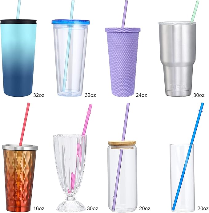 24 PCS, Reusable Straws with 4 Brushes, 10.5" Long Tritan Hard Plastic Straws, 12 Colors Translucent Replacement Drinking for 16OZ-32 OZ Tumblers, Cups, Jars, Stanley, YETI, Starbucks, BPA Free