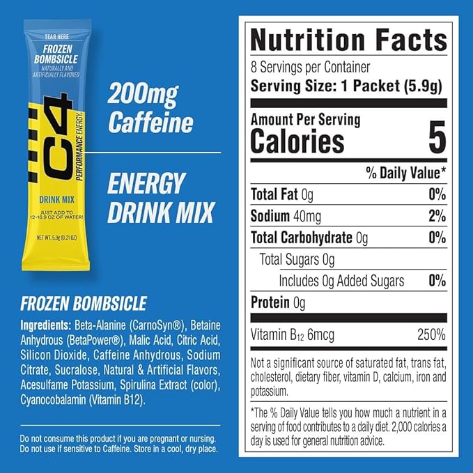Juicy Mixes C4 Performance Energy, Frozen Bombsicle Drink Mix, 200mg Caffeine, Zero Sugar, NSF (2 Boxes, 16 Sticks)